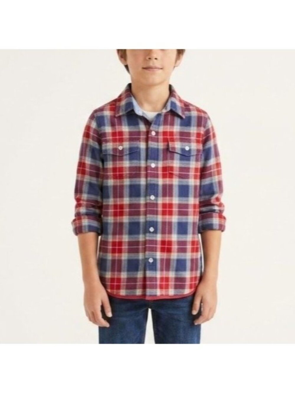 Boden Boys Size 9-10Y 140cm Red & Blue Plaid Preppy Long Sleeve Button-Up Shirt